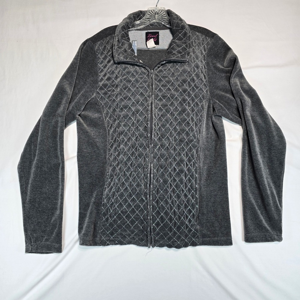 Level Eight Womens Velour Tracksuit Set Gray Quilted Zip Jacket Pants XL